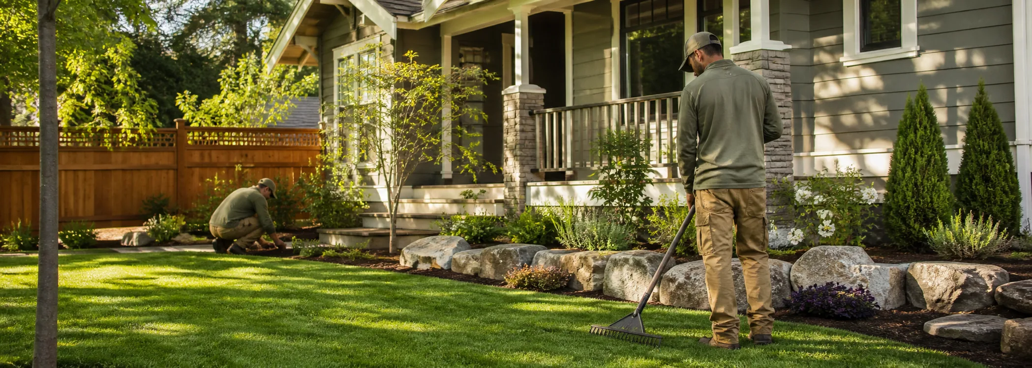 Cedar and Stone lawn care team finishing a landscaped residential yard