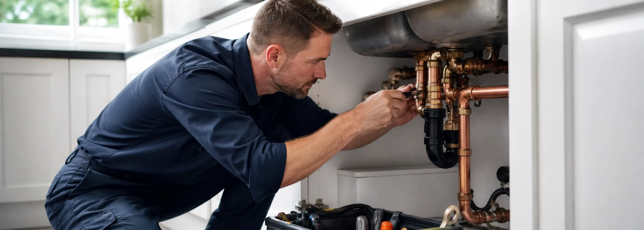 Northline plumber carefully working on residential copper pipes
