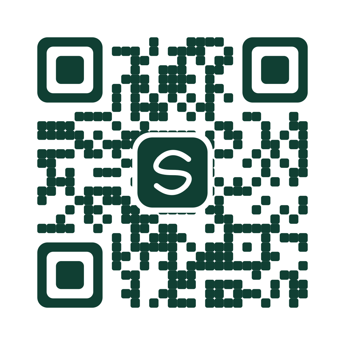 Branded QR with rounded modules and a large S initial at the center