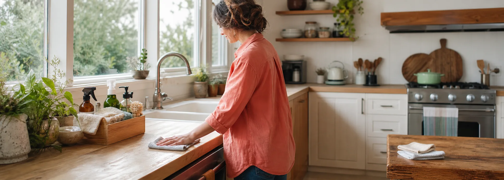 Independent home cleaner refreshing a bright kitchen
